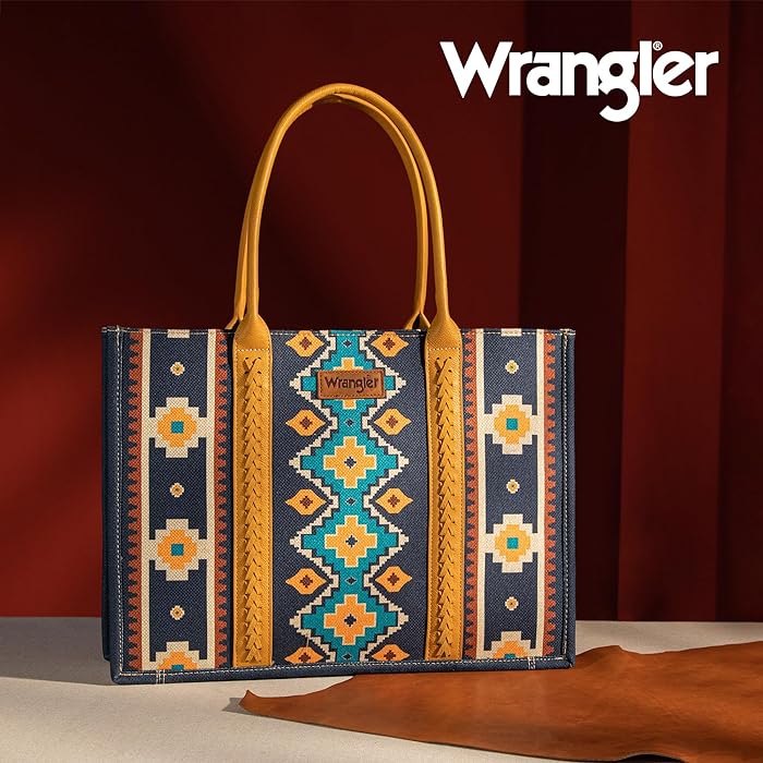 Wrangler Southwestern Pattern Dual Sided Print Canvas Wide Tote - Mustard