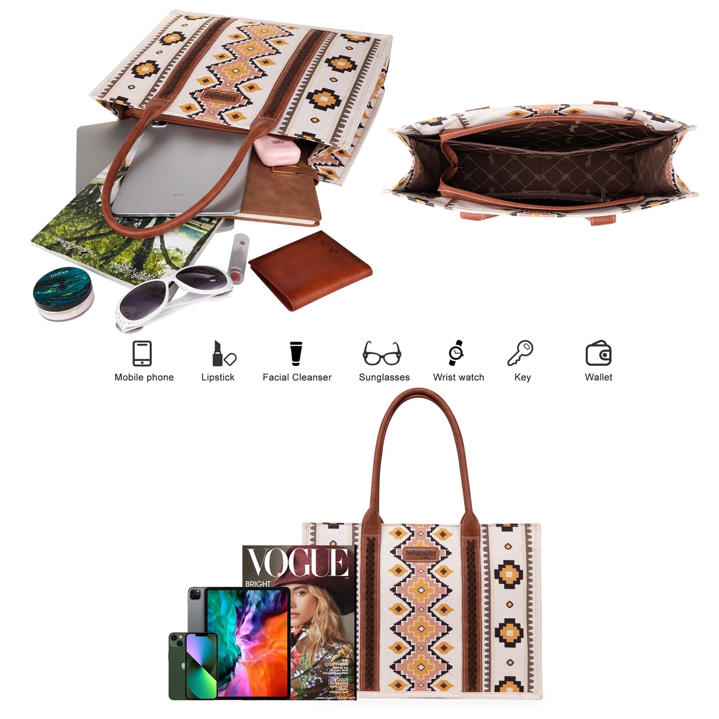 Wrangler Southwestern Pattern Dual Sided Print Canvas Wide Tote - Coffee (Original)