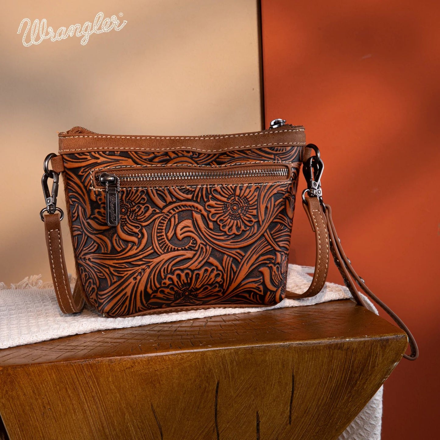 Wrangler Genuine Floral Tooled Hair-On Cowhide Crossbody