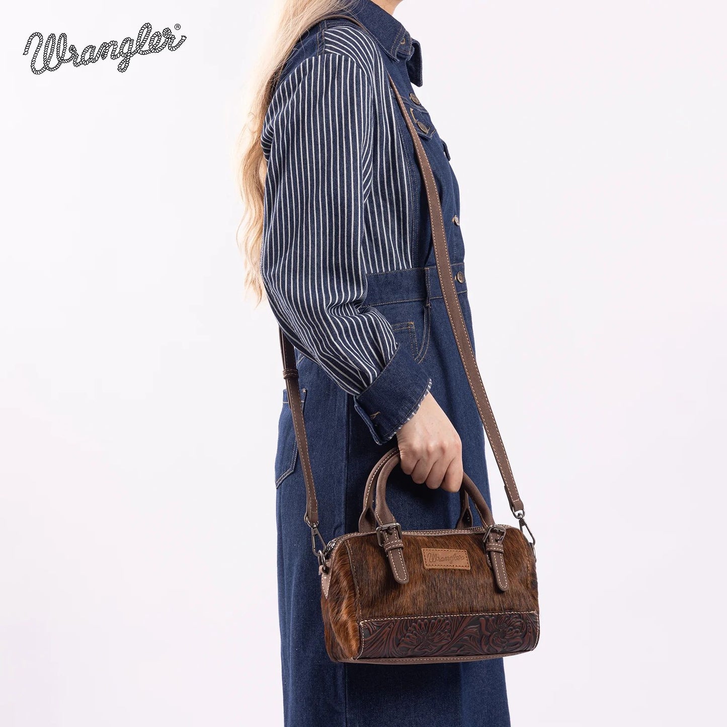 Wrangler Genuine Hair-On Cowhide Barrel Bag Crossbody
