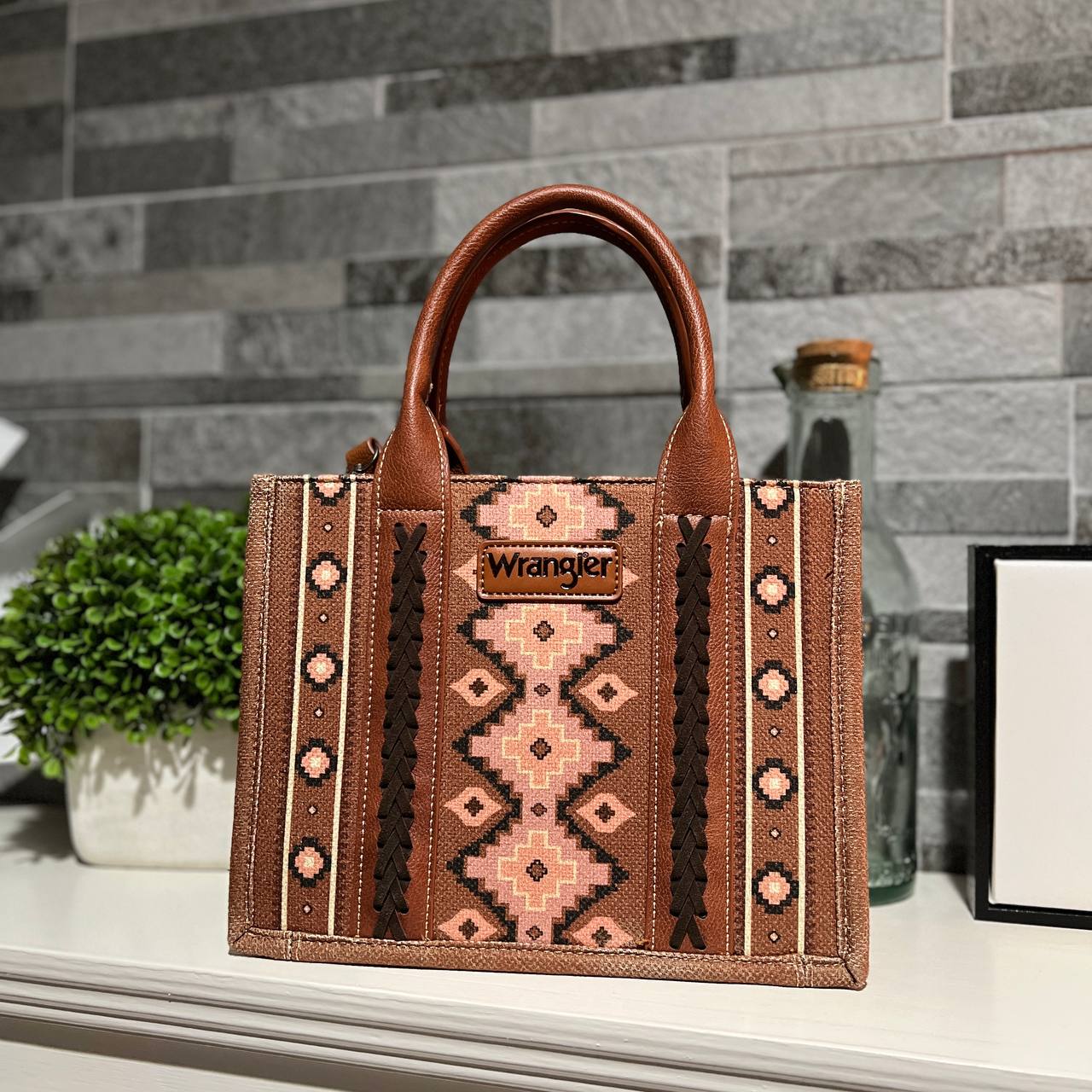 Wrangler Southwestern Print Small Canvas Crossbody Dark Brown