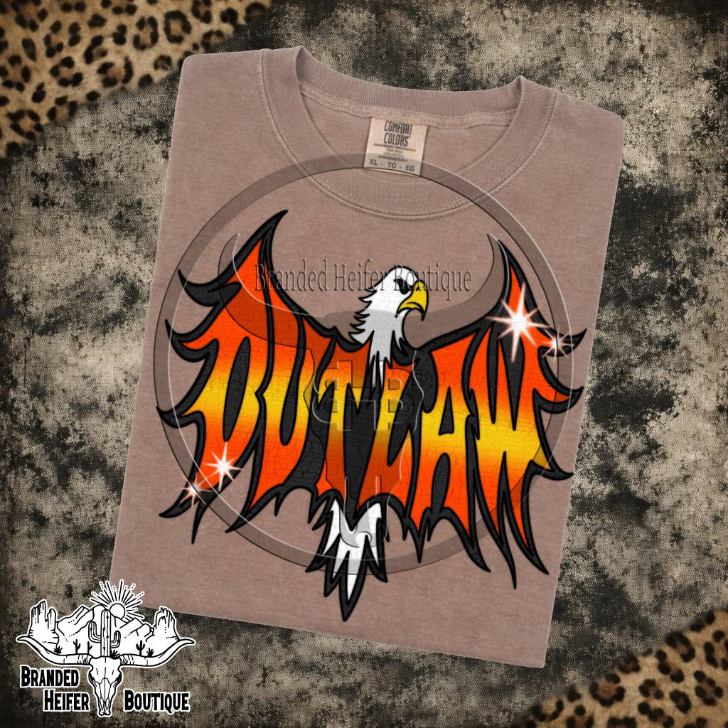 Outlaw Eagle Flame Graphic Tee in Espresso, bald eagle with fiery orange Outlaw wings, printed on a Comfort Colors tee