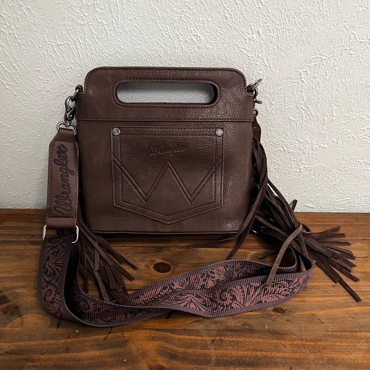 Wrangler Fringe Embossed Crossbody Handbag with Adjustable Strap