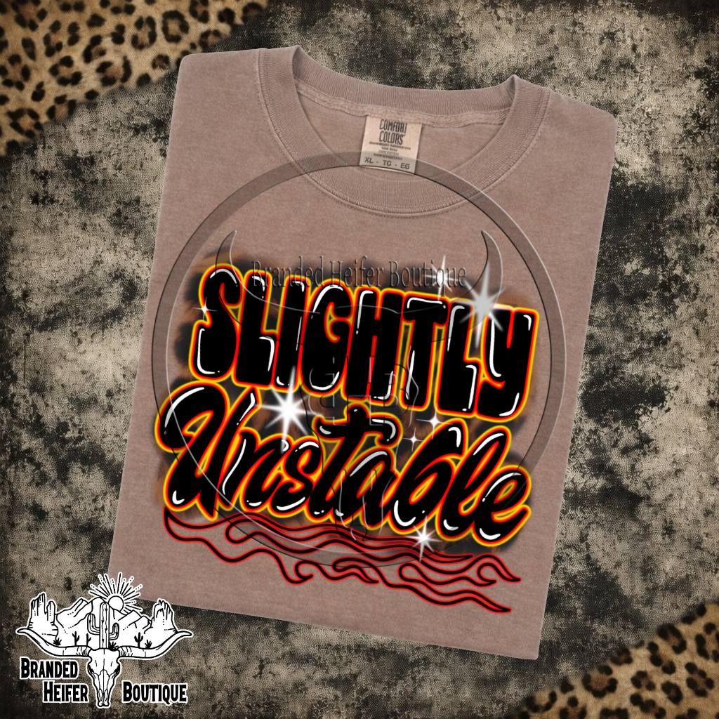 Slightly Unstable Graphic Tee in Espresso, Slightly Unstable lettering with orange glow and red pinstripe flames, printed on a Comfort Colors tee