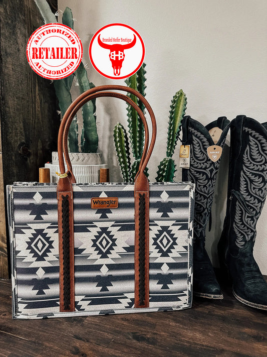 Wrangler Southwestern Pattern Dual Sided Print Canvas Wide Tote - Dark Gray