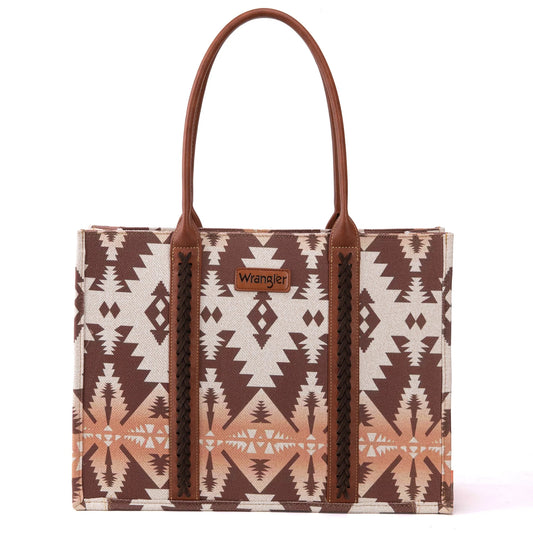 Wrangler Southwestern Pattern Dual Sided Print Canvas Wide Tote - Light Coffee