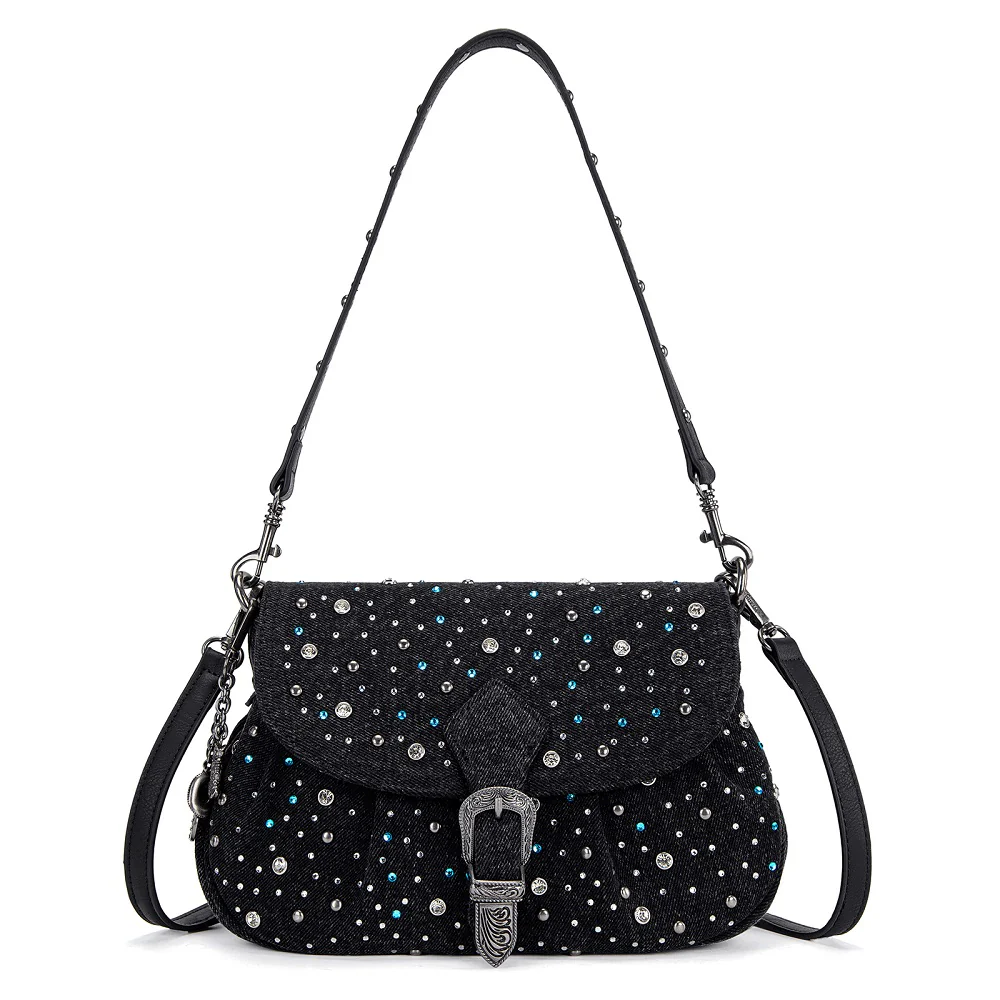 Wrangler Western Rhinestone Denim Flap Crossbody Shoulder Bag