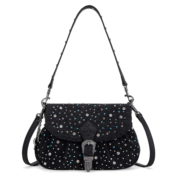 Wrangler Western Rhinestone Denim Flap Crossbody Shoulder Bag