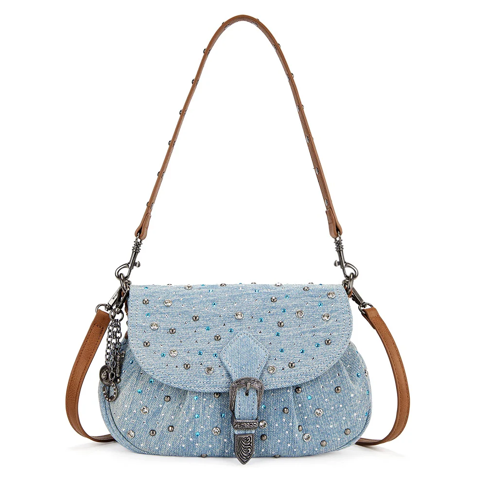Wrangler Western Rhinestone Denim Flap Crossbody Shoulder Bag