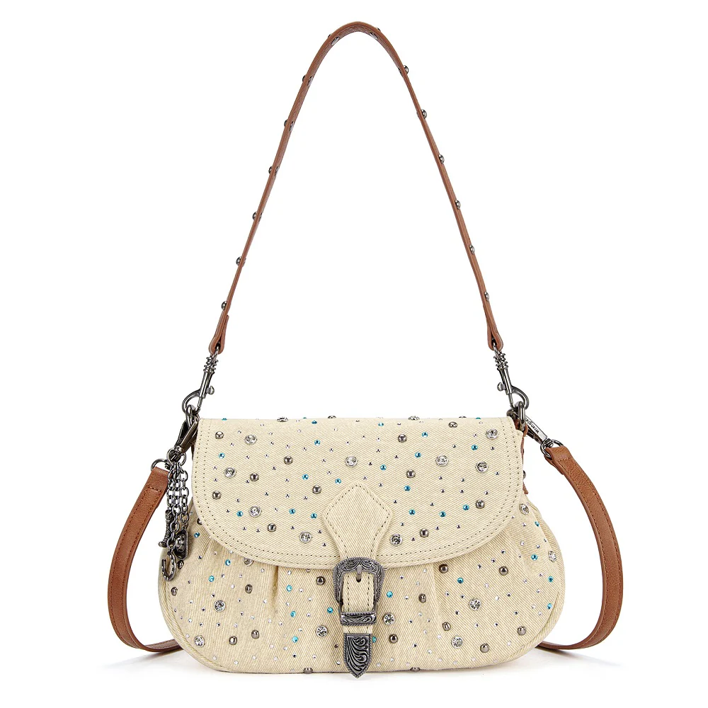 Wrangler Western Rhinestone Denim Flap Crossbody Shoulder Bag