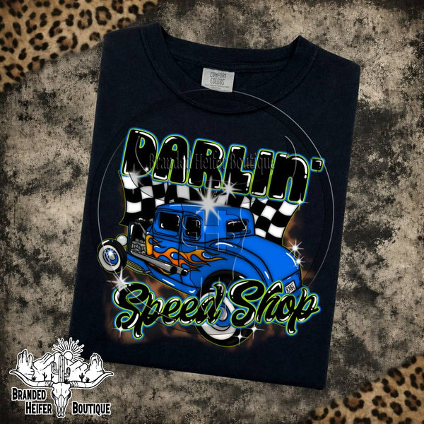 Darlin' Speed Shop Hot Rod Graphic Tee in Black, blue flamed hot rod with checkered flags and Darlin' Speed Shop lettering, printed on a Comfort Colors tee