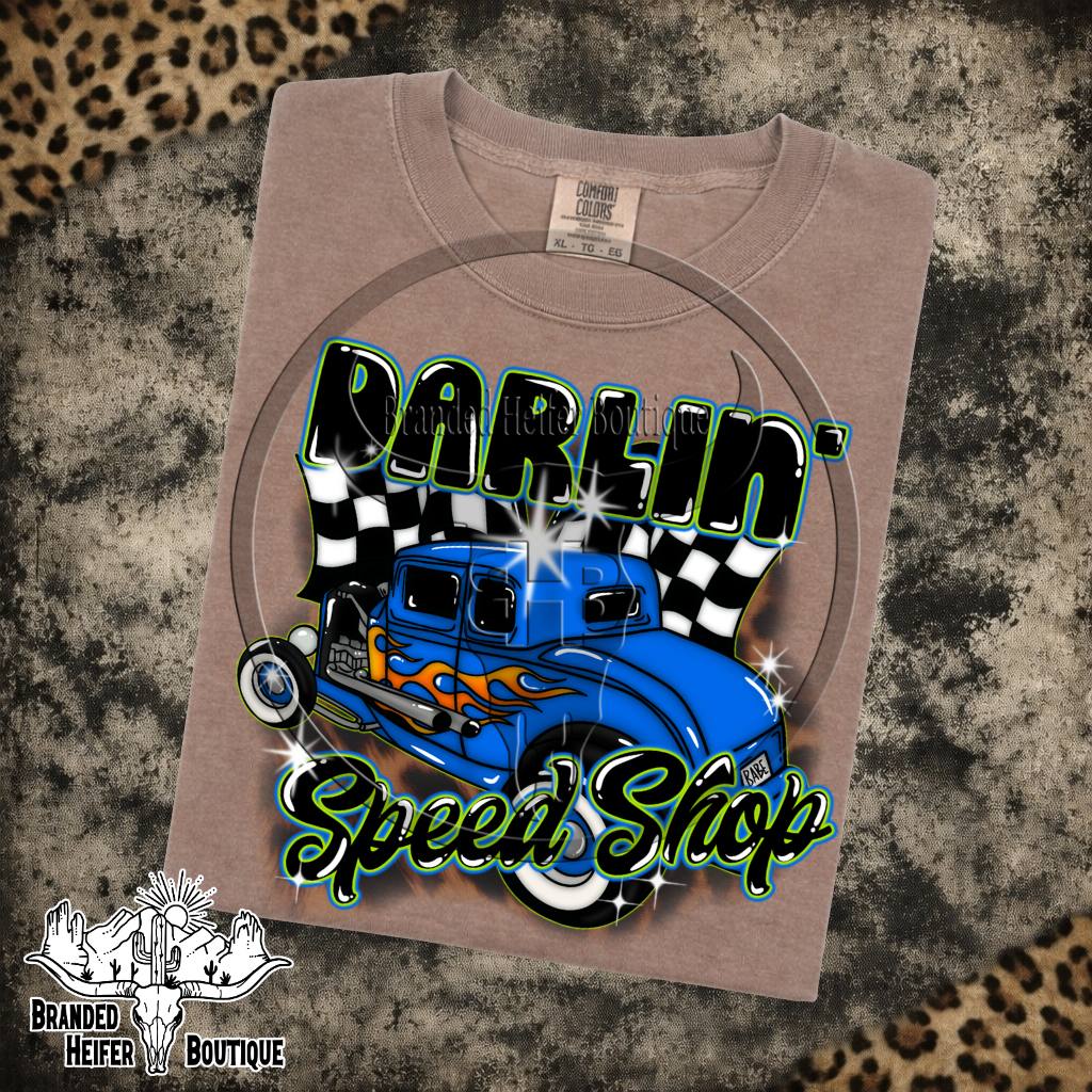 Darlin' Speed Shop Hot Rod Graphic Tee in Espresso, blue flamed hot rod with checkered flags and Darlin' Speed Shop lettering, printed on a Comfort Colors tee