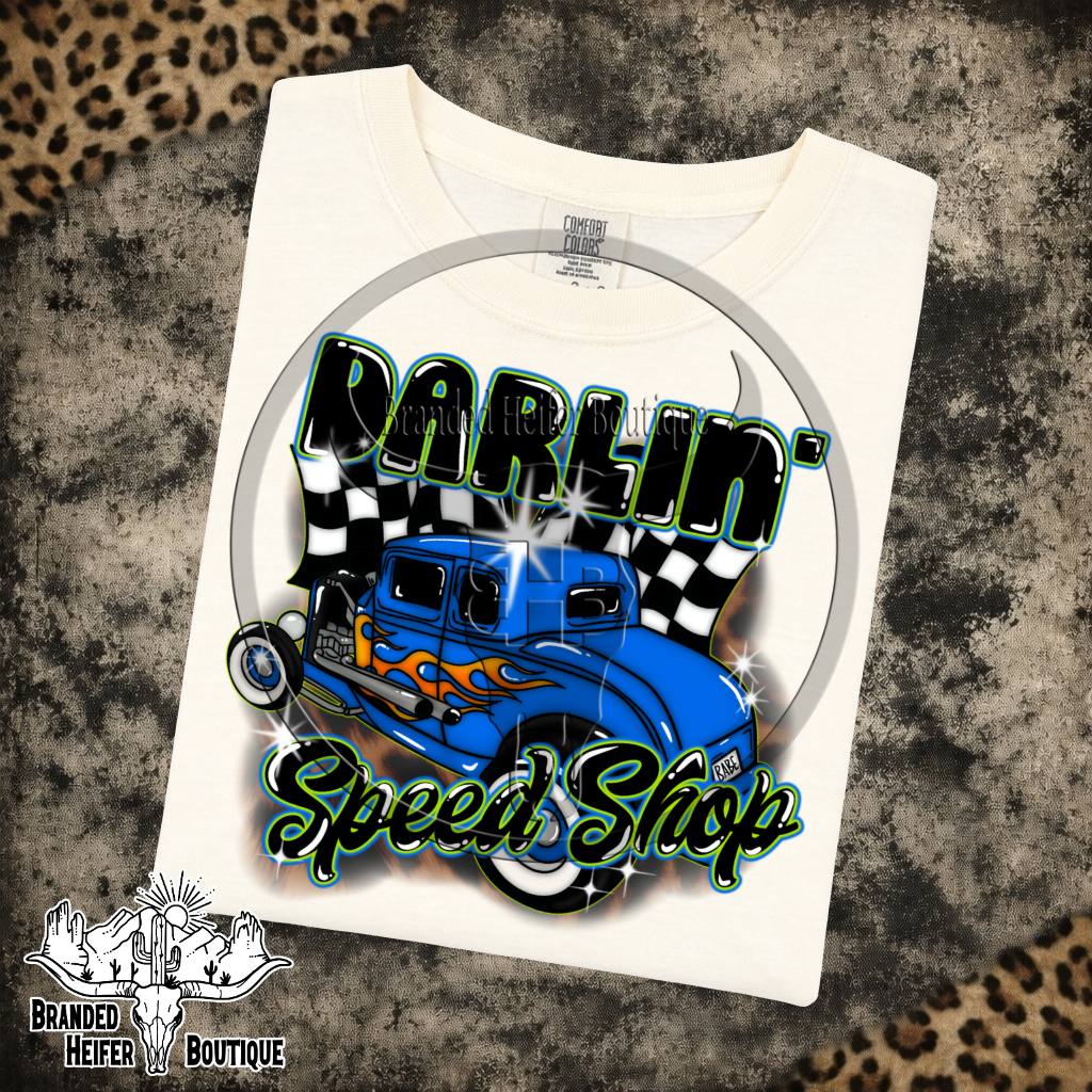 Darlin' Speed Shop Hot Rod Graphic Tee in Ivory, blue flamed hot rod with checkered flags and Darlin' Speed Shop lettering, printed on a Comfort Colors tee