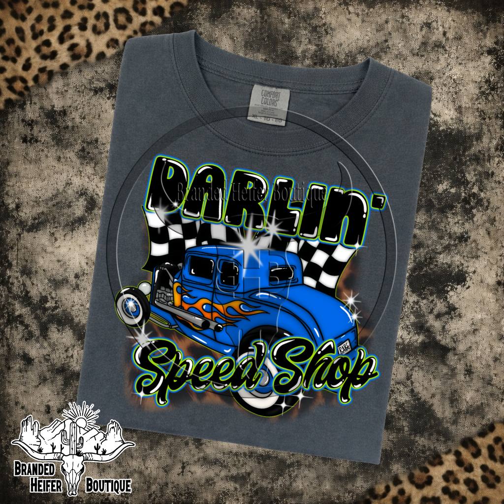 Darlin' Speed Shop Hot Rod Graphic Tee in Pepper, blue flamed hot rod with checkered flags and Darlin' Speed Shop lettering, printed on a Comfort Colors tee