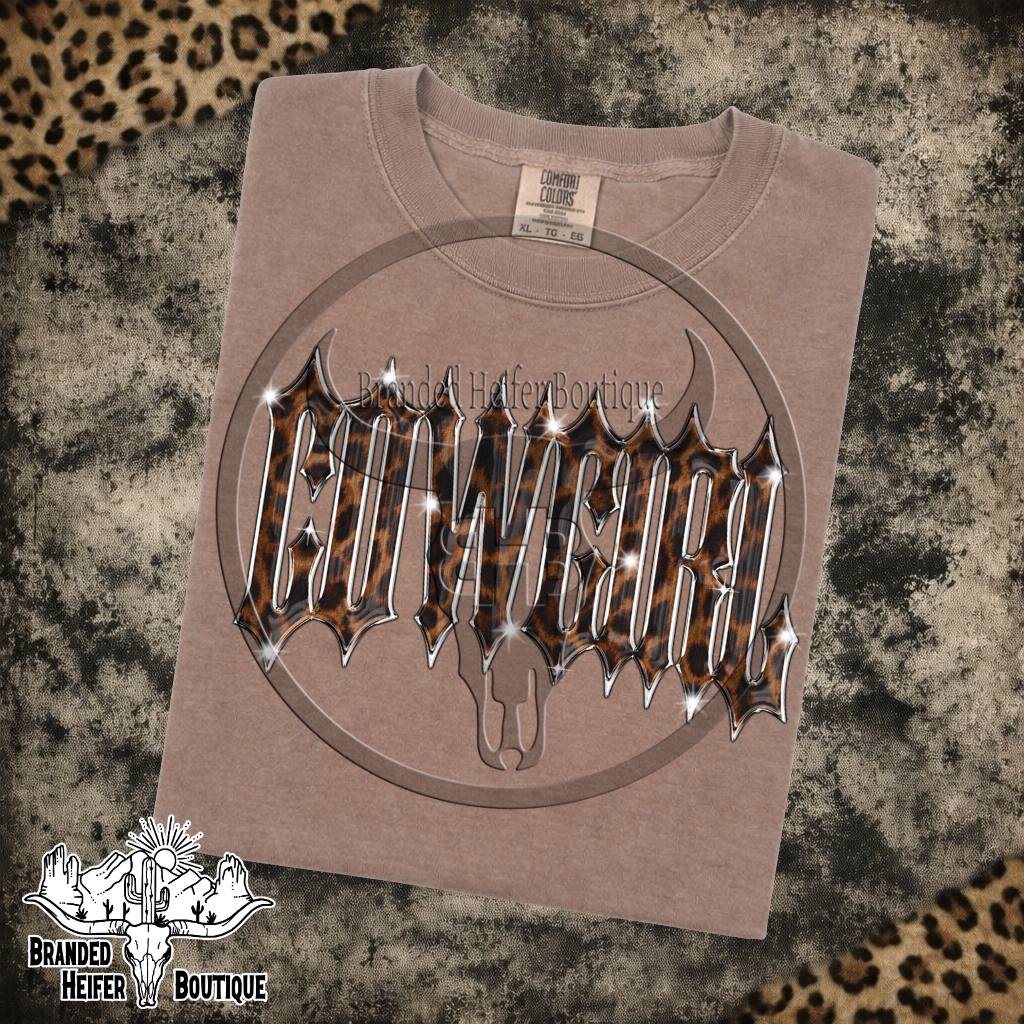 Leopard Cowgirl Graphic Tee in Espresso, leopard print Cowgirl lettering with chrome outline, printed on a Comfort Colors tee