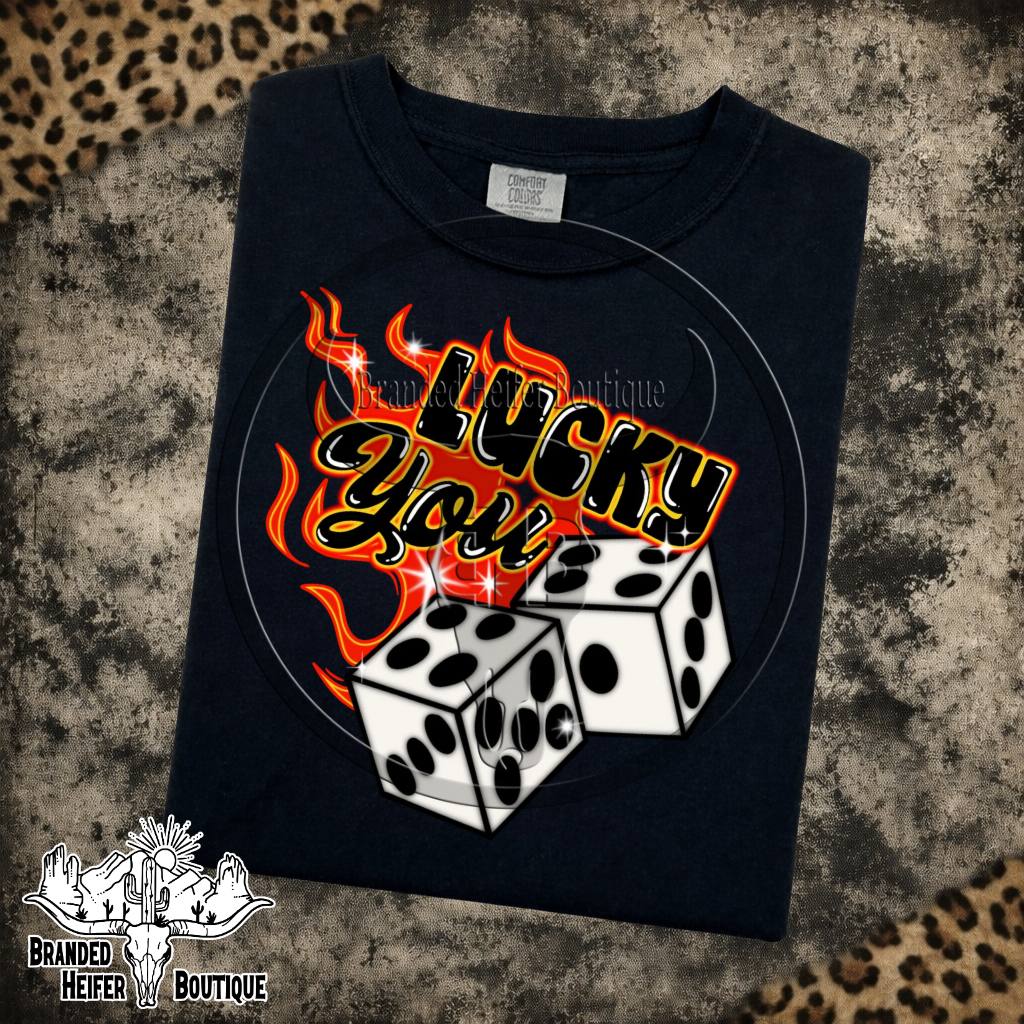 Lucky You Flaming Dice Graphic Tee in Black, white dice in red and orange flames with Lucky You script, printed on a Comfort Colors tee