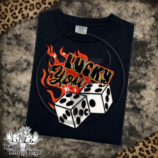 Lucky You Flaming Dice Graphic Tee in Black, white dice in red and orange flames with Lucky You script, printed on a Comfort Colors tee
