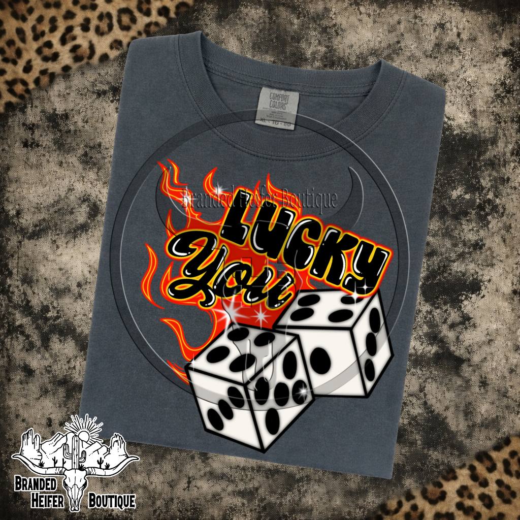 Lucky You Flaming Dice Graphic Tee in Pepper, white dice in red and orange flames with Lucky You script, printed on a Comfort Colors tee
