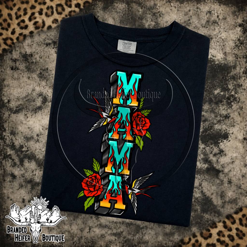 Mama Tattoo Roses Graphic Tee in Black, turquoise Mama letters with traditional tattoo roses and swallows, printed on a Comfort Colors tee