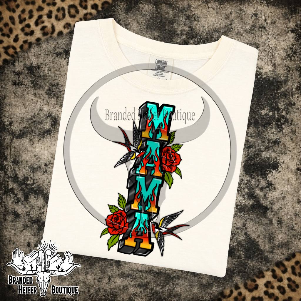 Mama Tattoo Roses Graphic Tee in Ivory, turquoise Mama letters with traditional tattoo roses and swallows, printed on a Comfort Colors tee