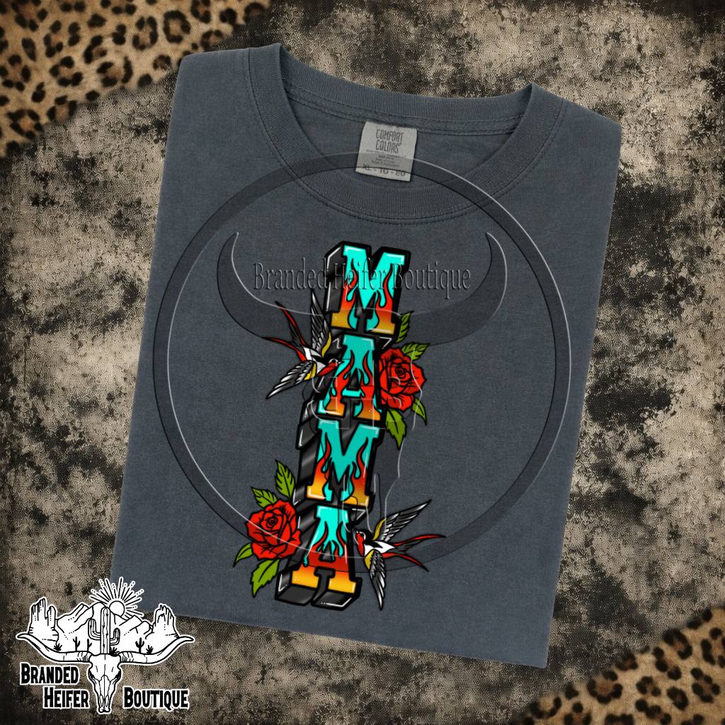 Mama Tattoo Roses Graphic Tee in Pepper, turquoise Mama letters with traditional tattoo roses and swallows, printed on a Comfort Colors tee