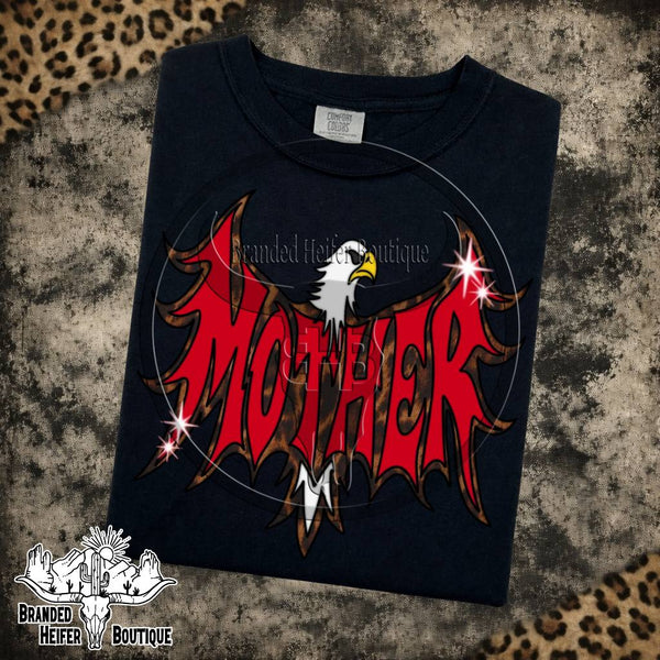 Mother Eagle Leopard Graphic Tee in Black, bald eagle with red Mother lettering and leopard print wings, printed on a Comfort Colors tee