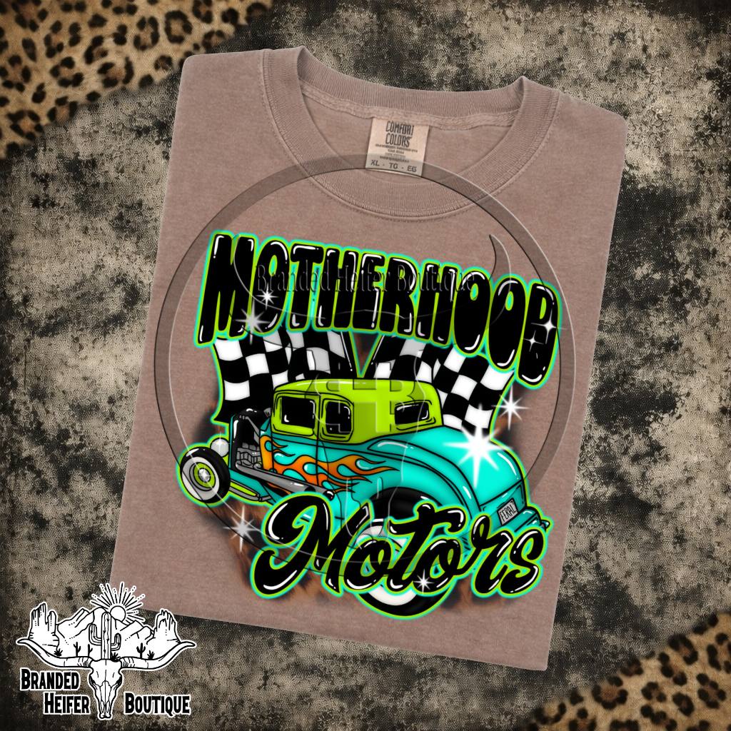 Motherhood Motors Hot Rod Graphic Tee in Espresso, retro hot rod with checkered flags and green airbrush lettering, printed on a Comfort Colors tee