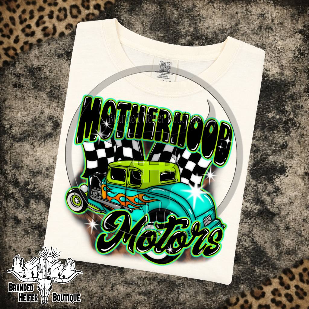 Motherhood Motors Hot Rod Graphic Tee in Ivory, retro hot rod with checkered flags and green airbrush lettering, printed on a Comfort Colors tee