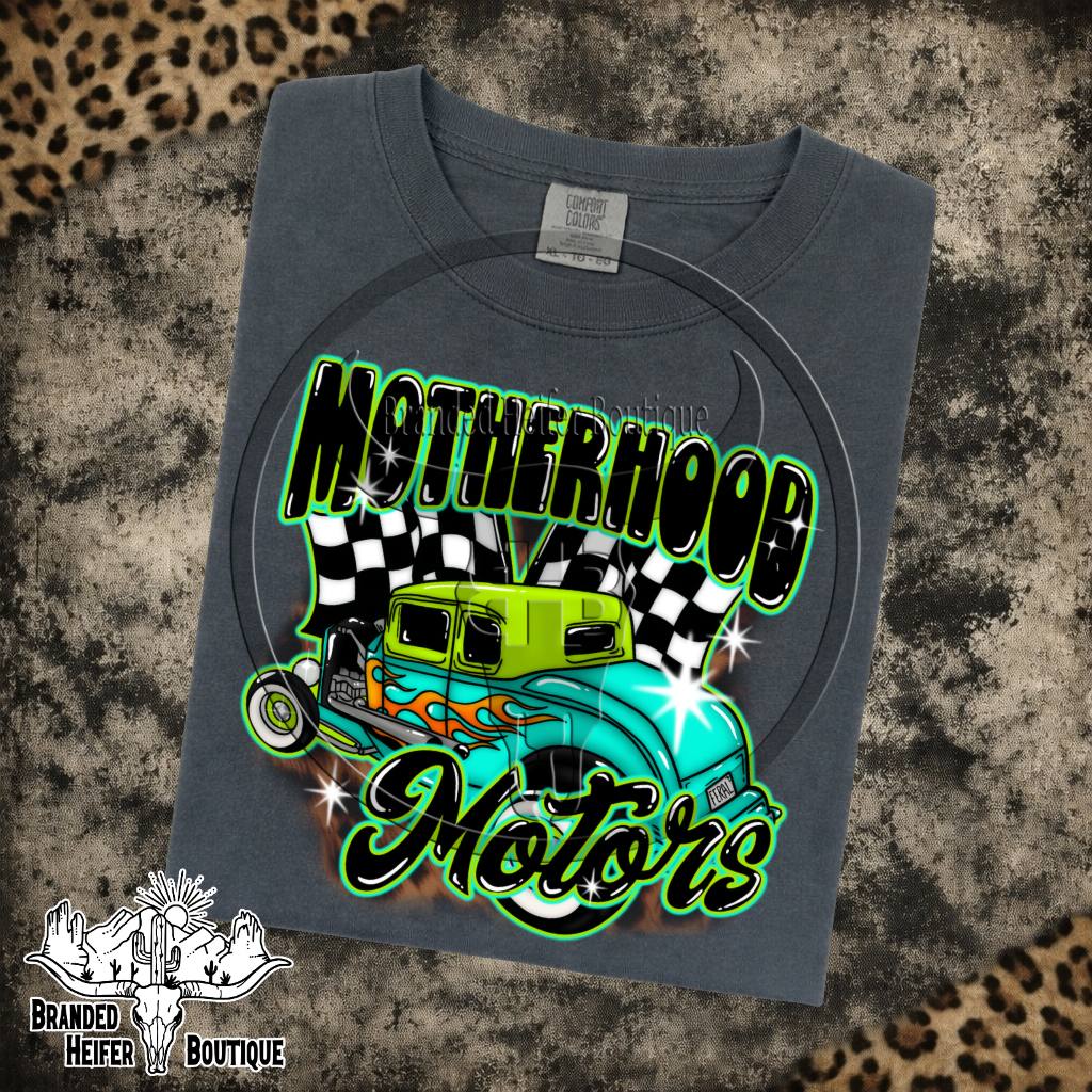 Motherhood Motors Hot Rod Graphic Tee in Pepper, retro hot rod with checkered flags and green airbrush lettering, printed on a Comfort Colors tee