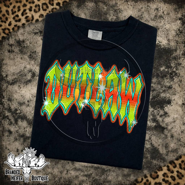 Neon Outlaw Airbrush Graphic Tee in Black, lime green and orange airbrush Outlaw lettering, printed on a Comfort Colors tee