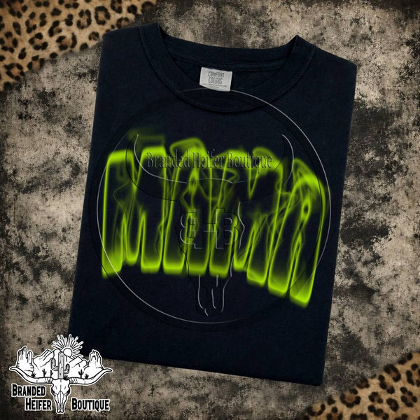 Neon Smoke Mama Graphic Tee in Black, glowing lime green smoke style Mama lettering, printed on a Comfort Colors tee