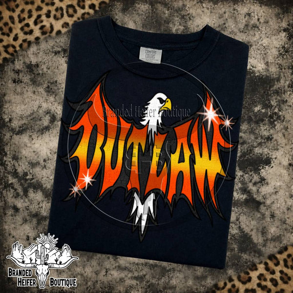 Outlaw Eagle Flame Graphic Tee in Black, bald eagle with fiery orange Outlaw wings, printed on a Comfort Colors tee