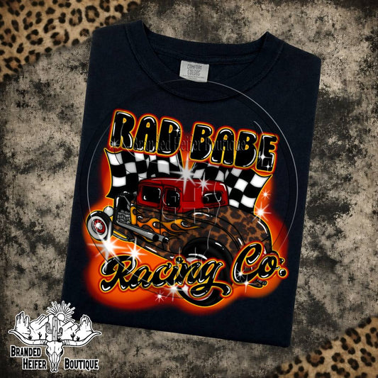 Rad Babe Racing Co. Hot Rod Graphic Tee in Black, red hot rod with leopard fenders, flames, and checkered flags, printed on a Comfort Colors tee