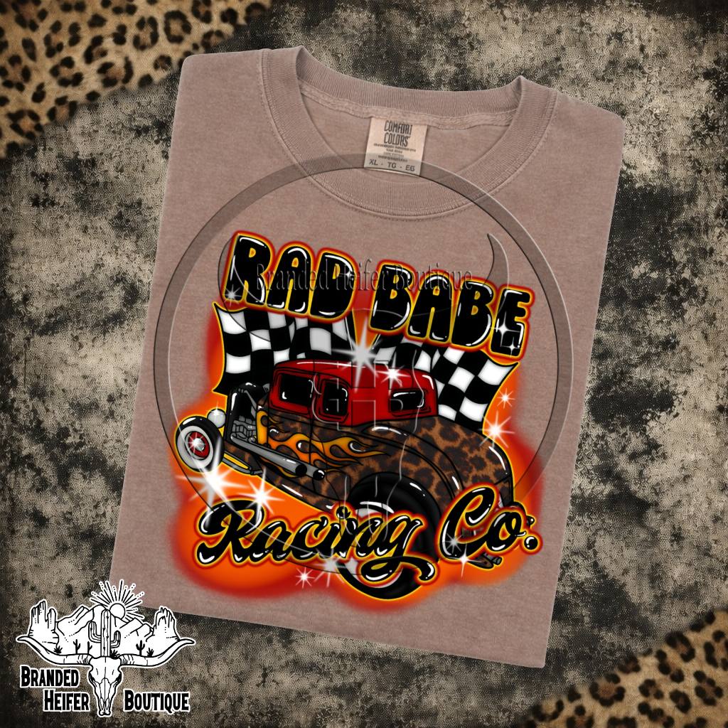 Rad Babe Racing Co. Hot Rod Graphic Tee in Espresso, red hot rod with leopard fenders, flames, and checkered flags, printed on a Comfort Colors tee