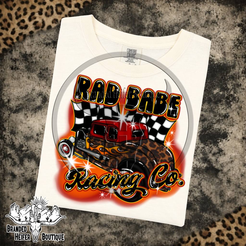 Rad Babe Racing Co. Hot Rod Graphic Tee in Ivory, red hot rod with leopard fenders, flames, and checkered flags, printed on a Comfort Colors tee