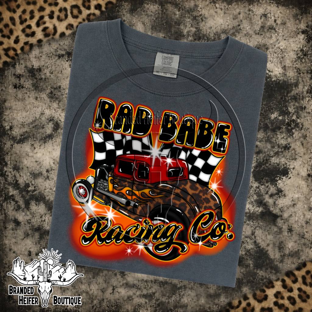 Rad Babe Racing Co. Hot Rod Graphic Tee in Pepper, red hot rod with leopard fenders, flames, and checkered flags, printed on a Comfort Colors tee