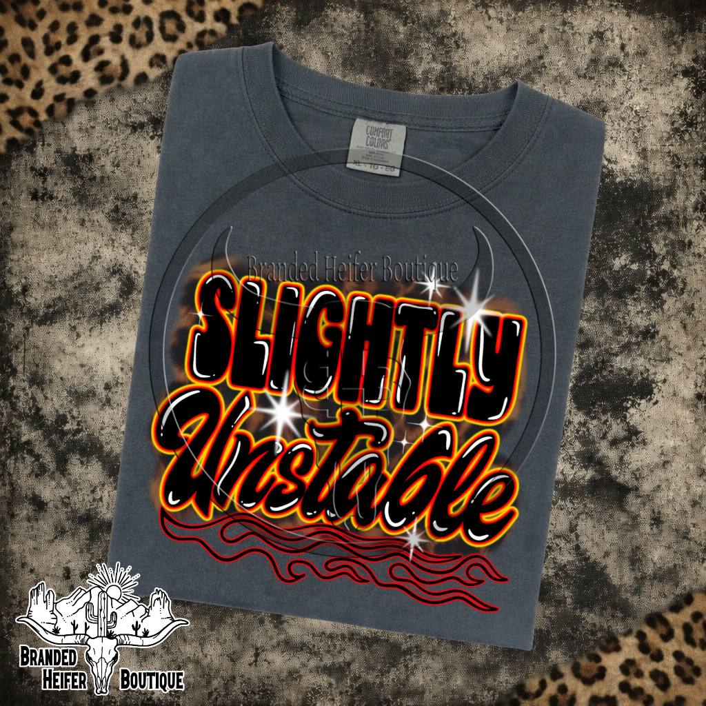Slightly Unstable Graphic Tee in Pepper, Slightly Unstable lettering with orange glow and red pinstripe flames, printed on a Comfort Colors tee